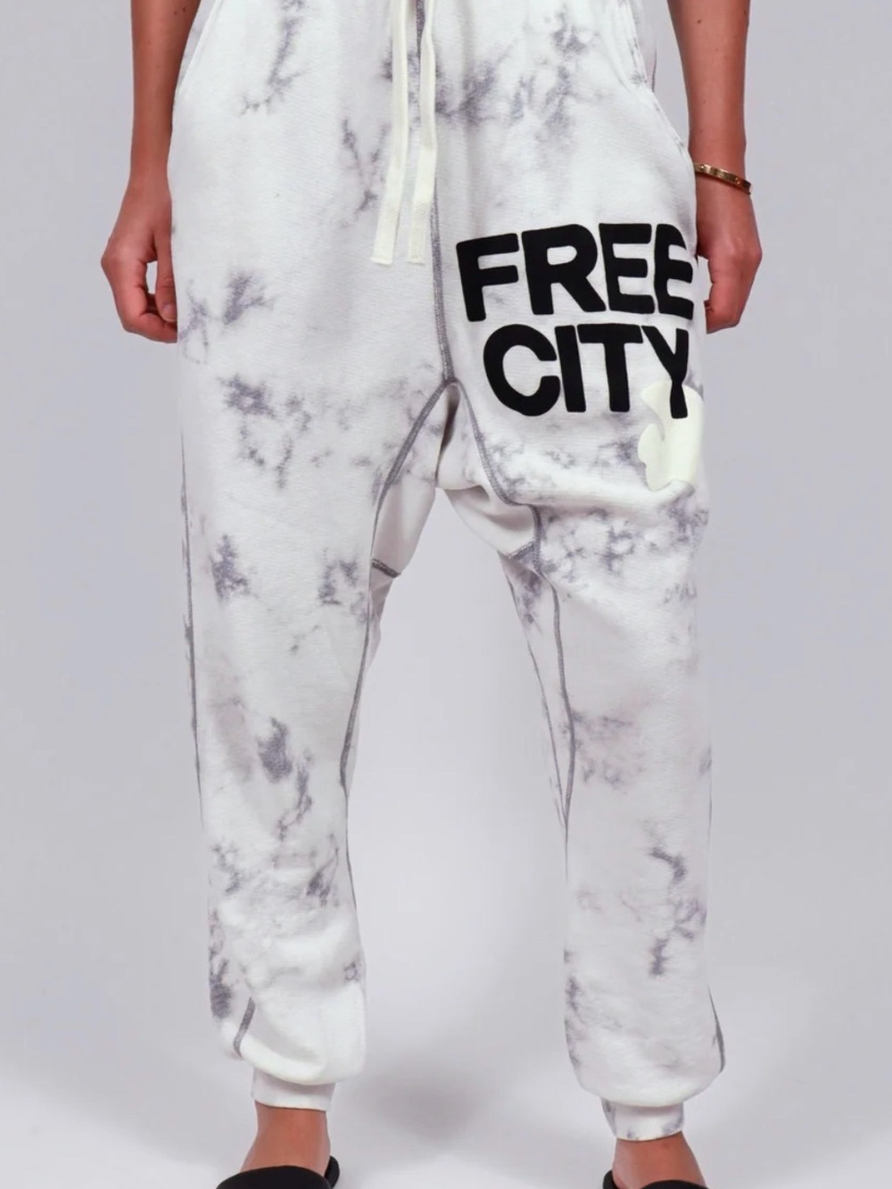 FREECITY White and Gray Tie-Dye Joggers with cream whale. Size S